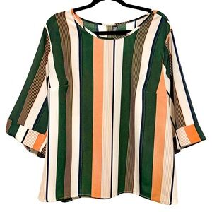 Women Plus 3X Retro Vertical Stripe Green Peach Top Colorblock 70s Artsy Earthy